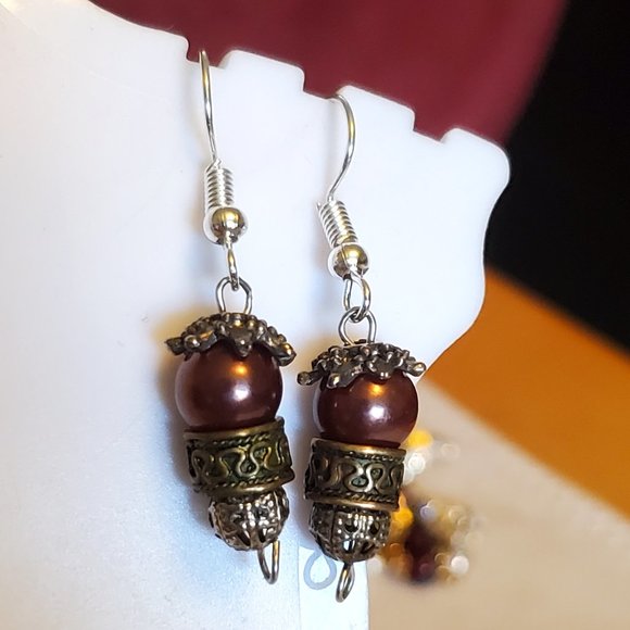 Silver Tone Hook Bronze Glass and Metal Earrings